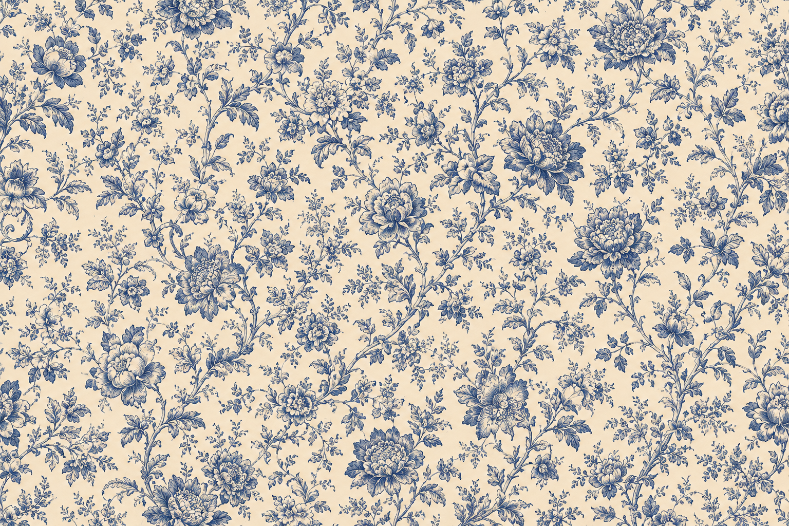 A repeating blue floral toile pattern on a warm cream background, filling the entire frame.