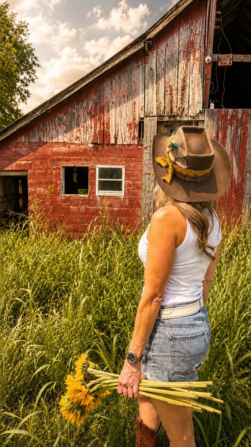 photo of girl wearing brown hat, the Golden Brick hat, in front of a barn