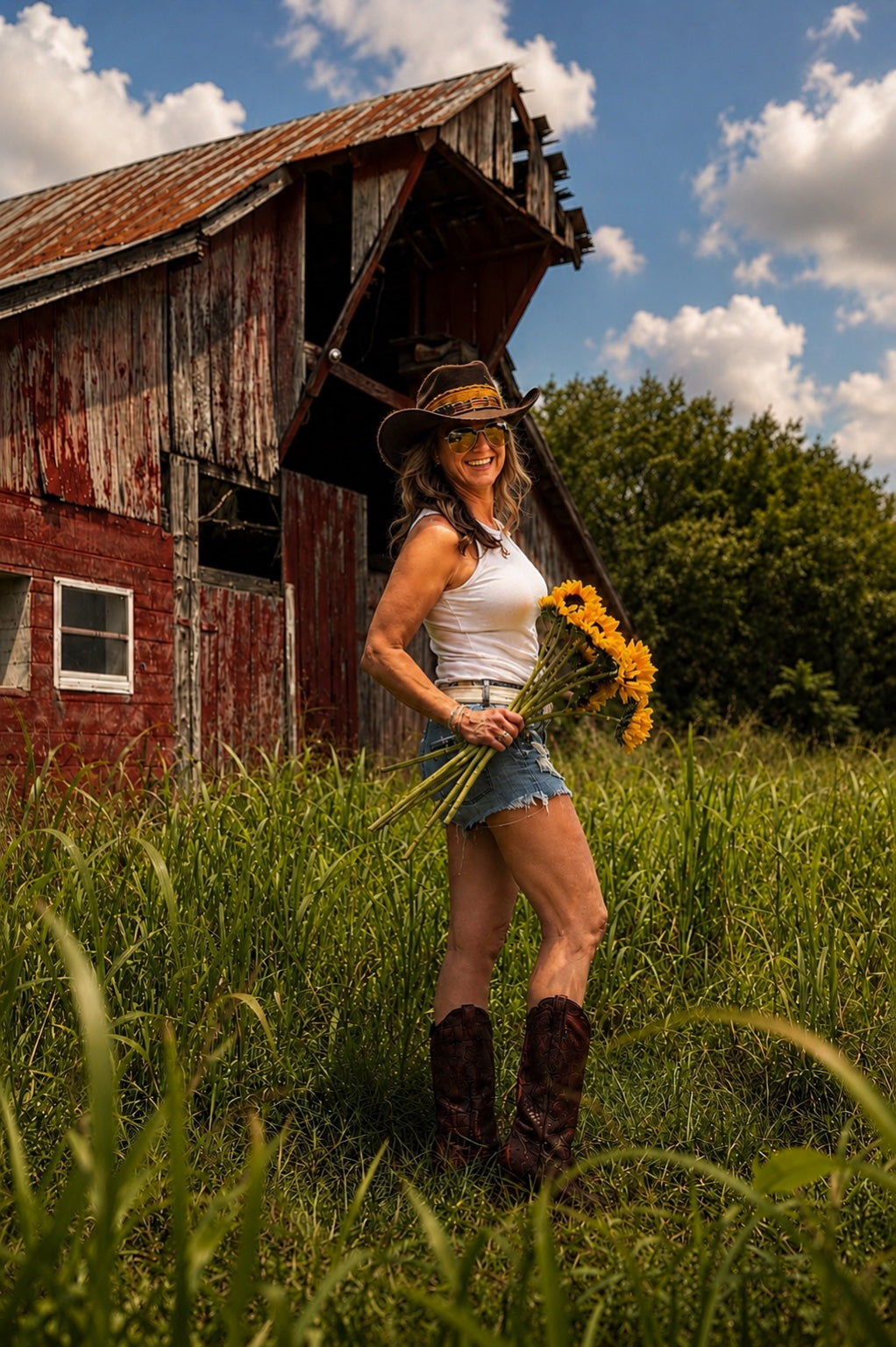girl in front of barn carrying sunflowers 