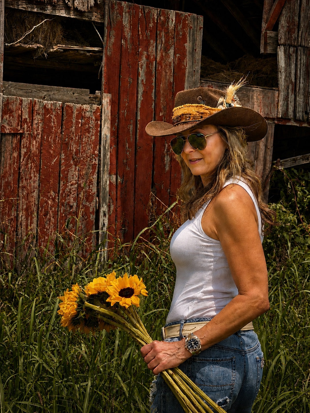 girl in holding sunflowers wearing the Golden Brick hat
