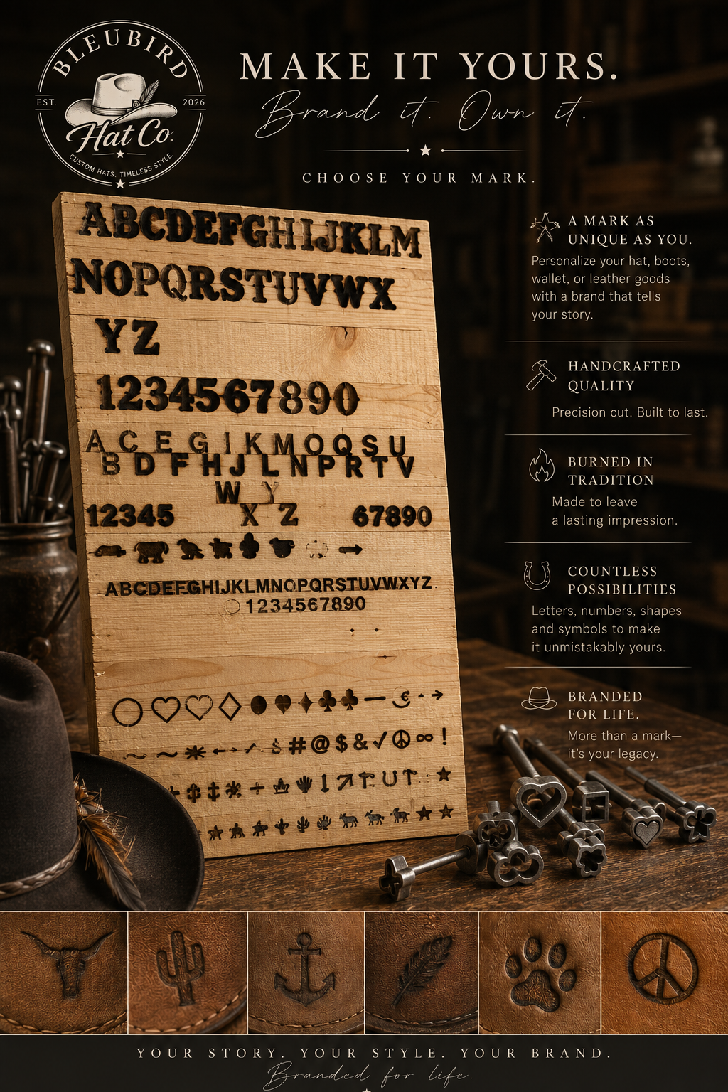 board with branding iron samples