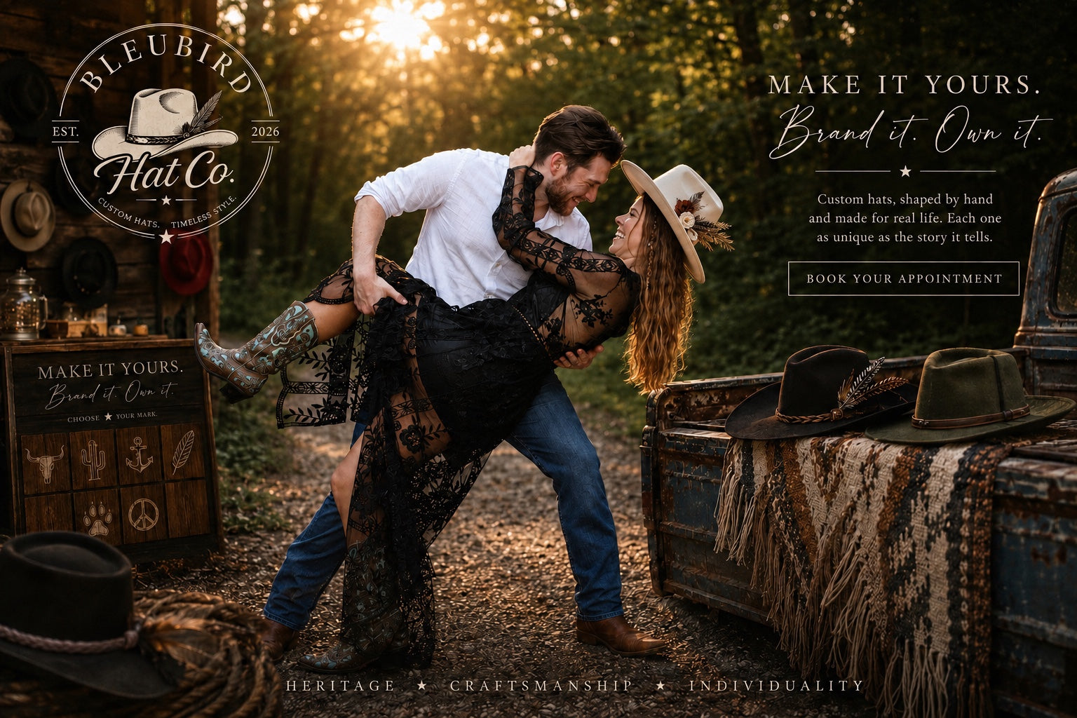 Image of a man dipping a girl in a white hat with the sun glowing behind them. Image text states "Make It Yours. Brand it. Own it. Custom hats, shaped by hand and made for real life. Each one as unique as the story it tells