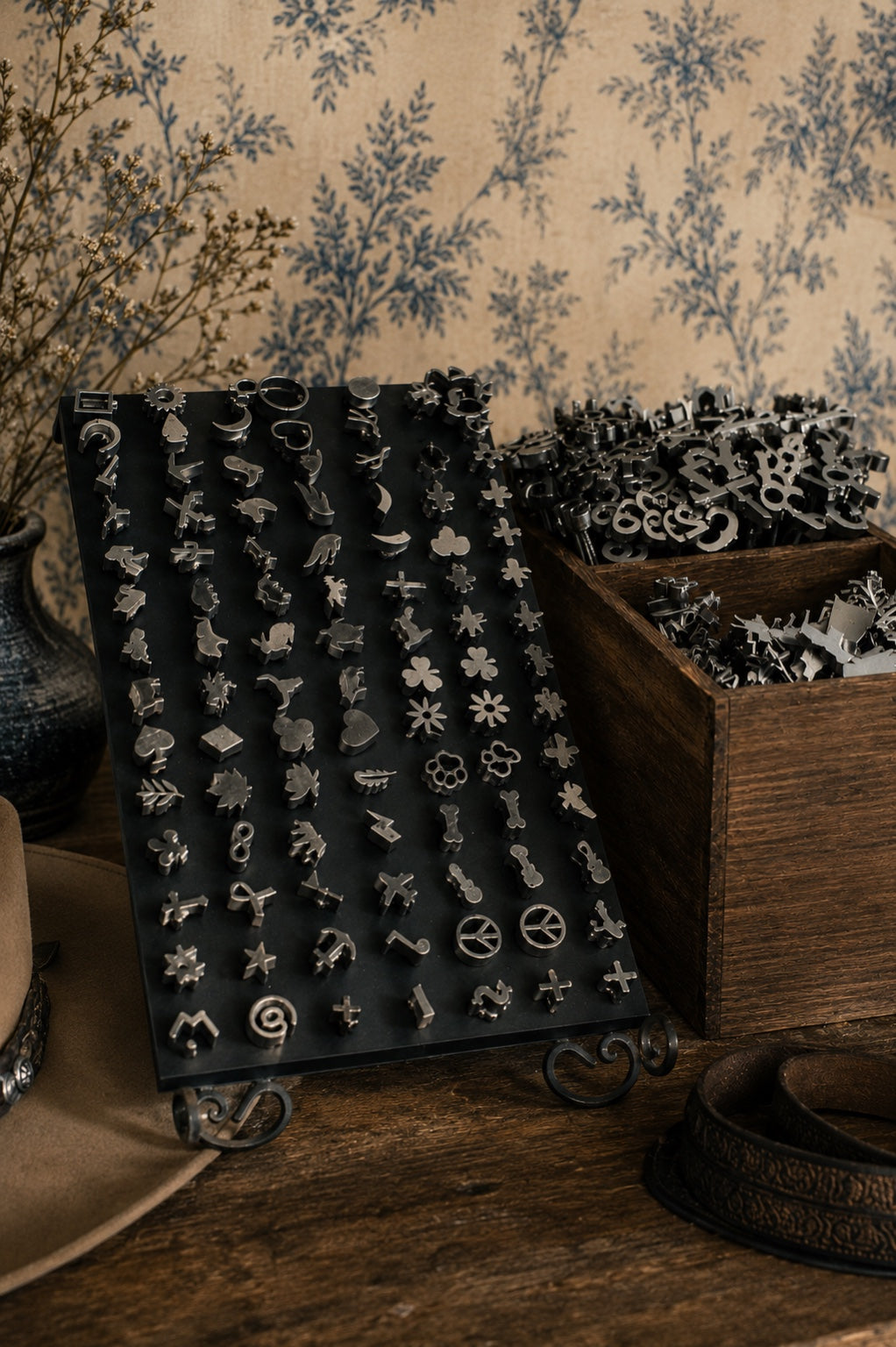 A black jewelry display stand filled with many small silver-toned branding irons, set on a rustic wooden table with blue floral wallpaper in the background. A wooden box and a hat are partially visible as styled props.