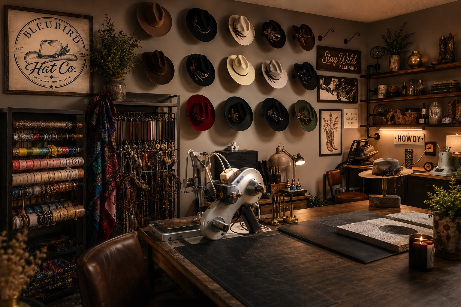 A rustic, warmly lit hat workshop interior with a large wooden workbench, leather chair, sewing machine, shelves, and a wall covered with hats. A prominent sign reads 'BLEUBIRD Hat Co.