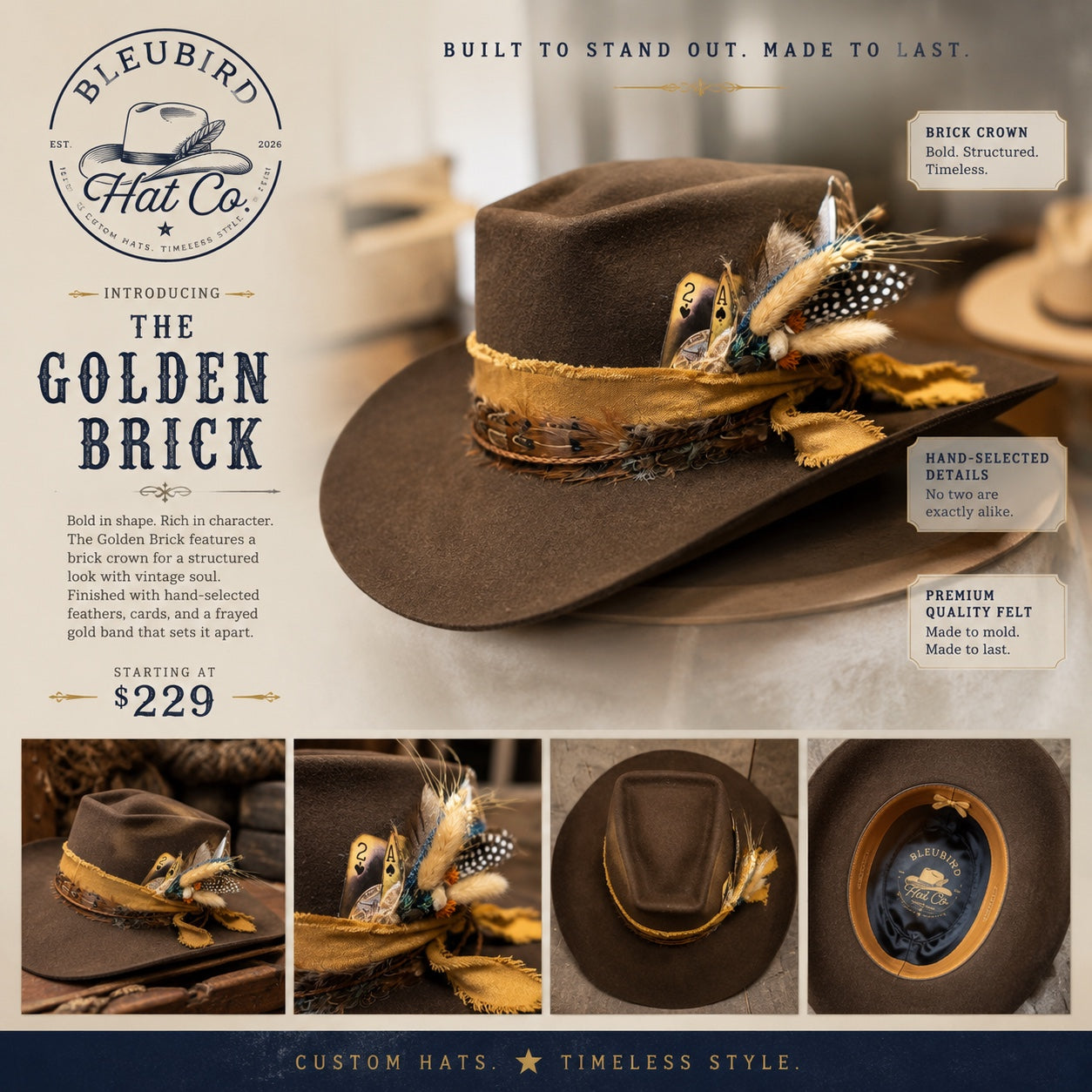 A promotional catalog page for Bleubird Hat Co. featuring 'The Golden Brick' custom felt hat.