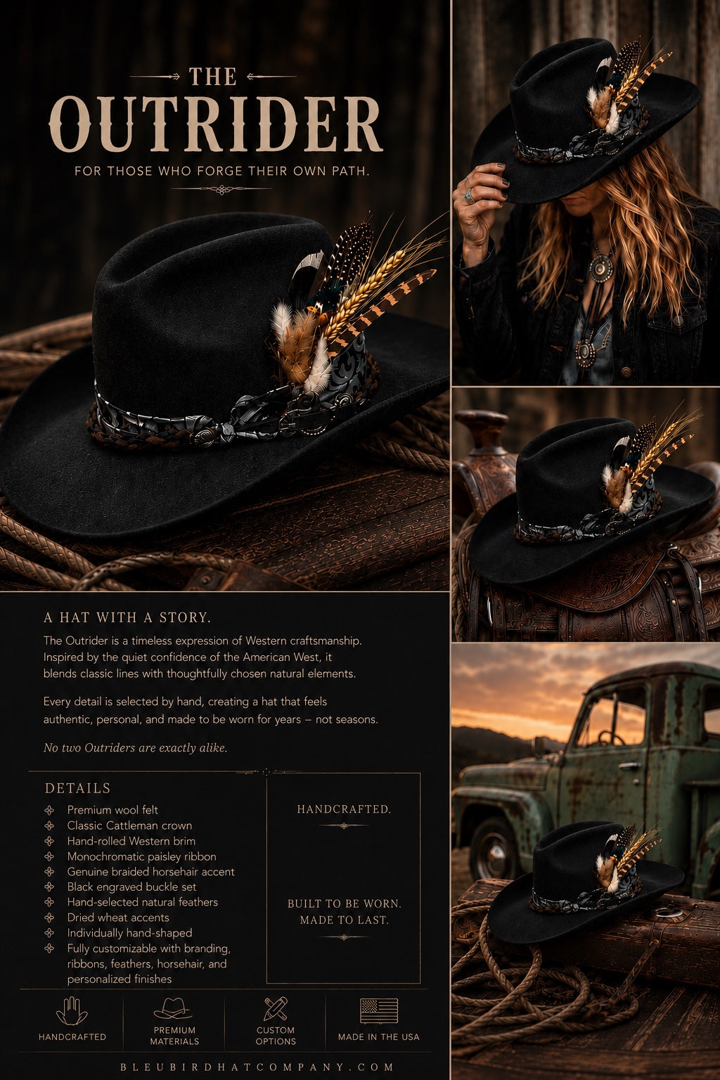 A promotional collage for a western-style black hat called The Outrider. The layout includes large and small product photos of the hat with feathers and a feathered band, a model wearing it, a rustic green pickup truck at sunset, and text detailing the hat's story, and features.