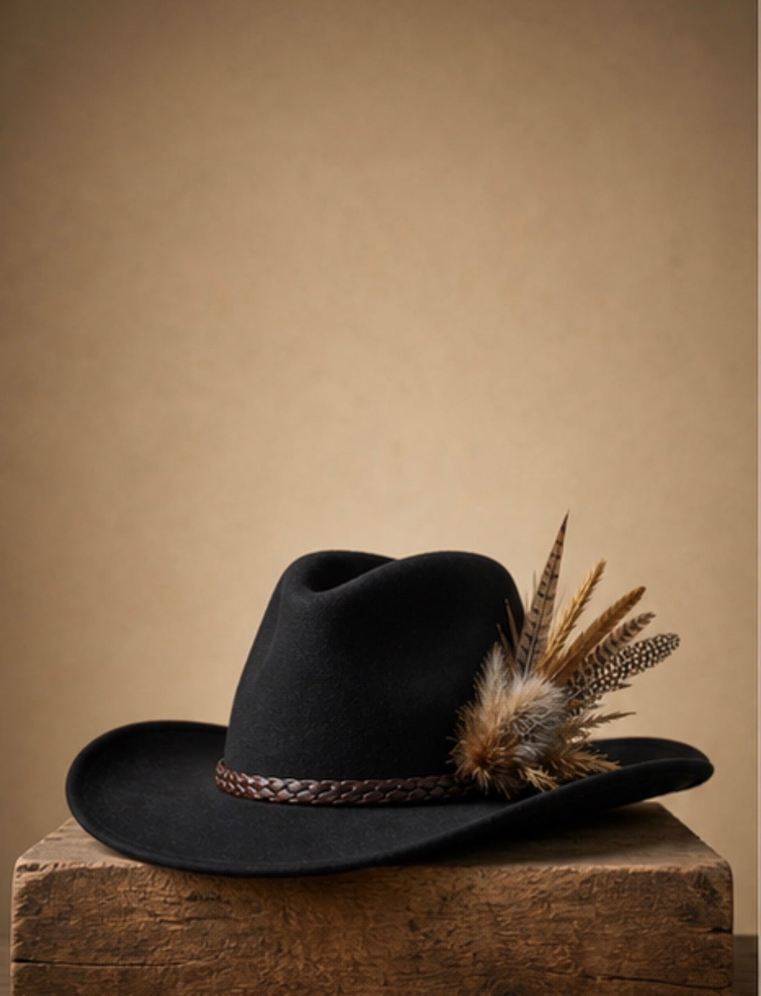 A black felt cowboy hat with a braided brown band and a decorative feather accent, displayed on a rustic wooden block against a warm beige background.