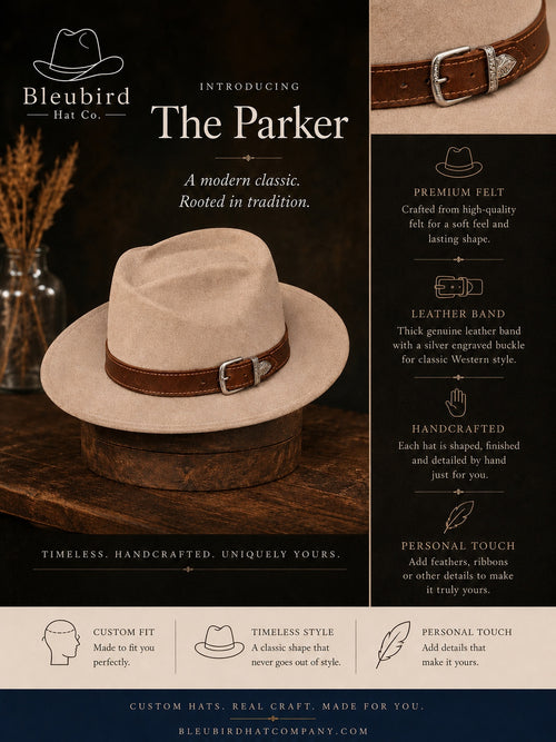 A promotional product graphic for the Bleubird Hat Co. 'The Parker' hat.