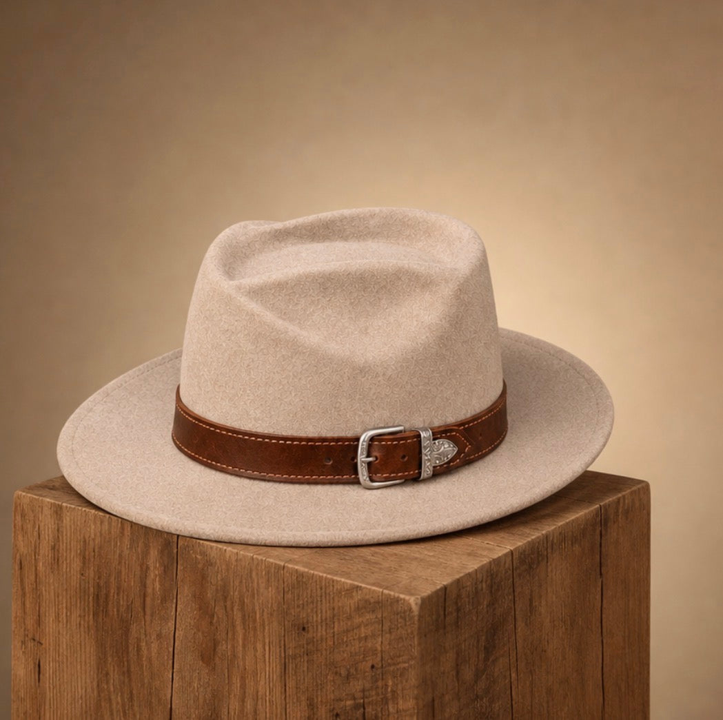 A light beige felt fedora hat with a brown leather band and silver buckle, displayed on a rustic wooden block against a warm beige background.