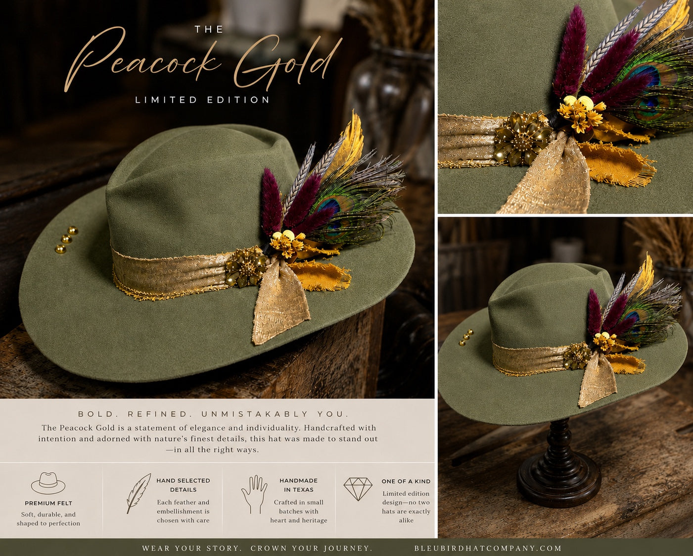 A promotional collage for The Peacock Gold Limited Edition hat by Bleubird. The main product shown is an olive green wide-brim hat adorned with a wide gold ribbon, a feathered crest in burgundy, gold, and green, and a small jeweled ornament.