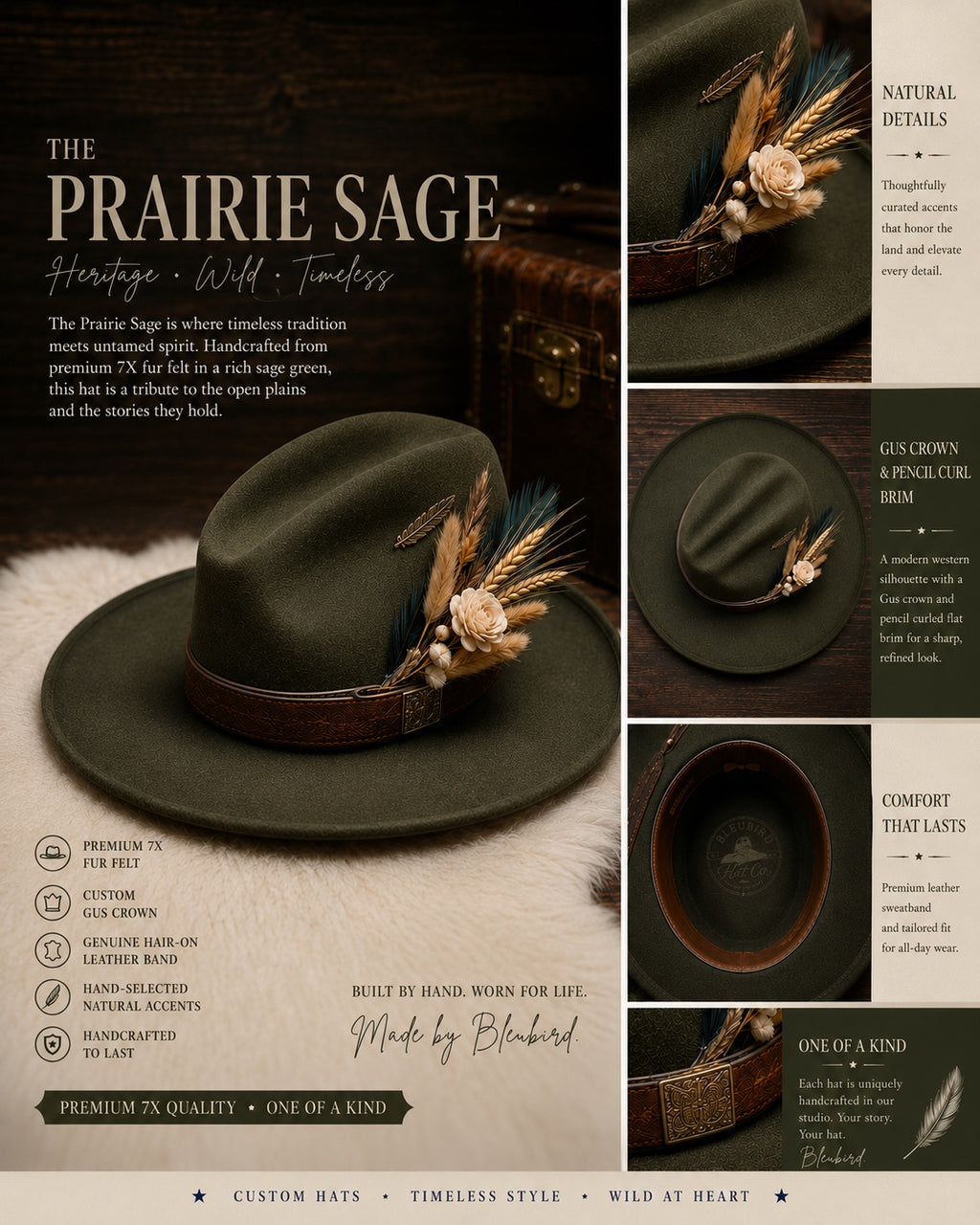 A promotional collage for a wide-brimmed western-style hat called The Prairie Sage. The main panel shows the hat in dark olive green with a brown band and feather/flower embellishment, set against a cream faux-fur surface with text describing the product.