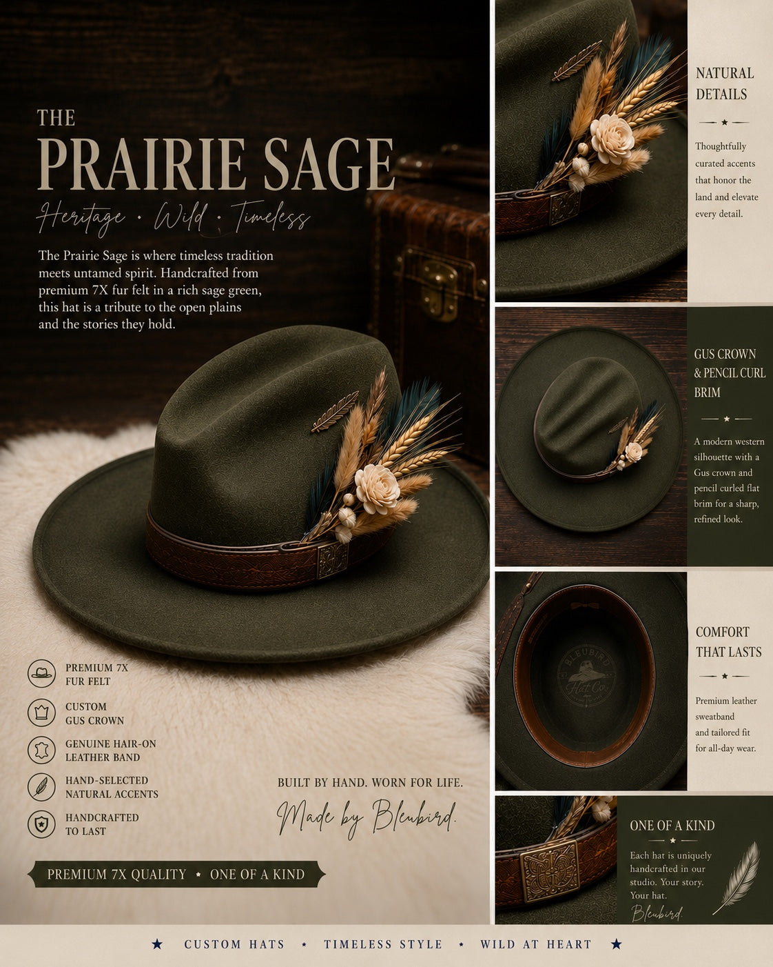 A promotional collage for a wide-brimmed western-style hat called The Prairie Sage. The main panel shows the hat in dark olive green with a brown band and feather/flower embellishment, set against a cream faux-fur surface with text describing the product.