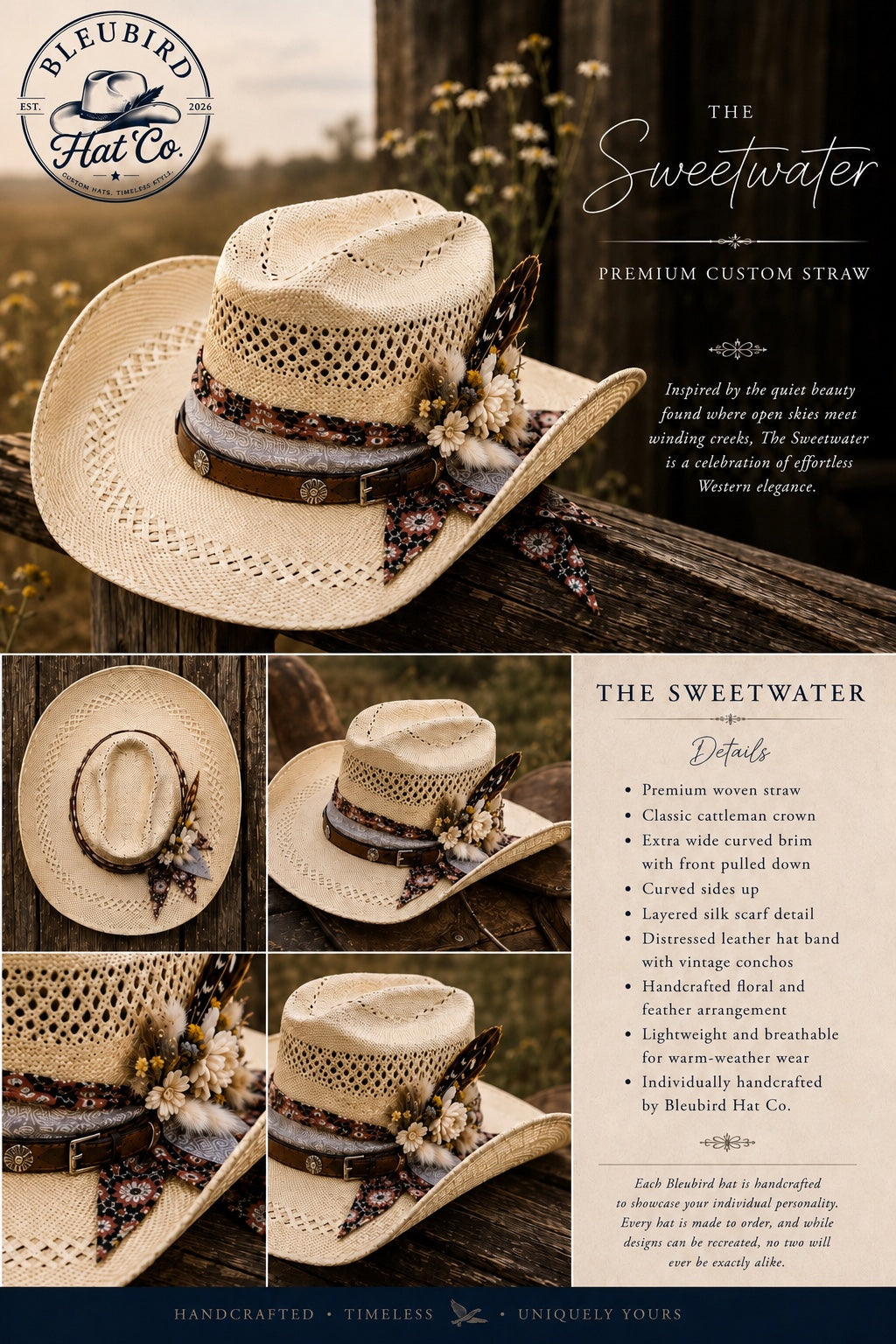 A promotional catalog page for a custom straw cowboy hat from Bleubird Hat Co, titled 'The Sweetwater'. The page features a large main photo of a light beige woven straw hat decorated with a brown and black patterned band, a floral accent, and a silver-toned concho.