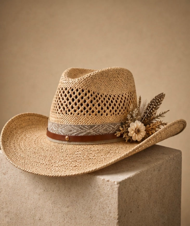 A woven straw cowboy hat with a brown band, a gray patterned band, and dried floral and feather decorations, resting on a textured stone pedestal against a warm beige background.
