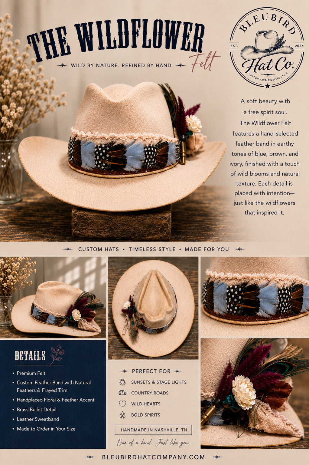 A promotional collage for the Wildflower Hat Co. featuring multiple views of a light beige wide-brim hat with a blue, brown, and black feathered band, plus text details, pricing, and brand logo.